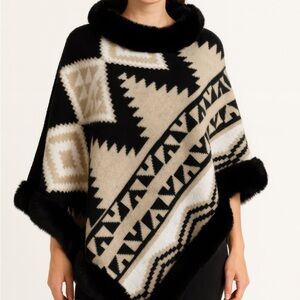 Tribal Luxe Faux Fur Trim Poncho